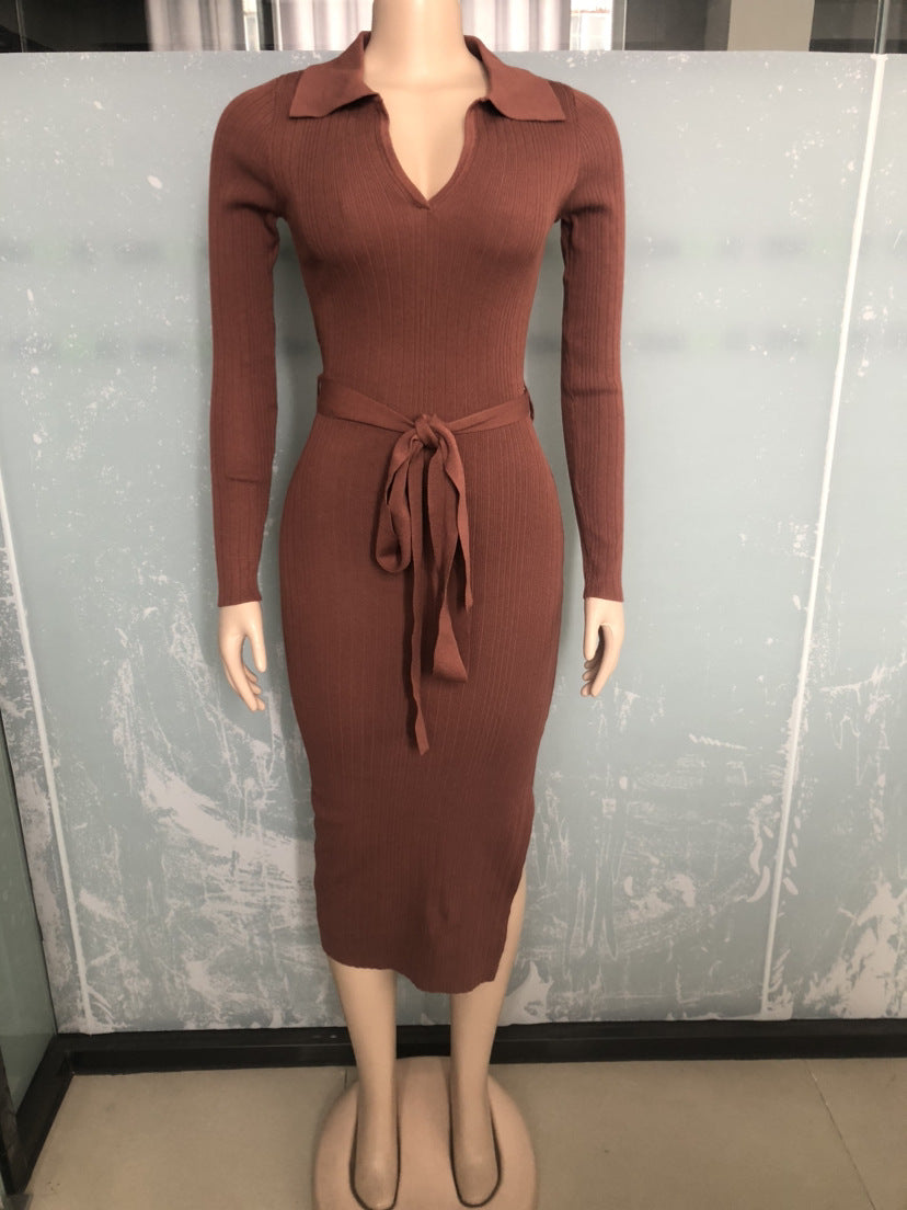 Elegant Ribbed Dress with Tie Waist