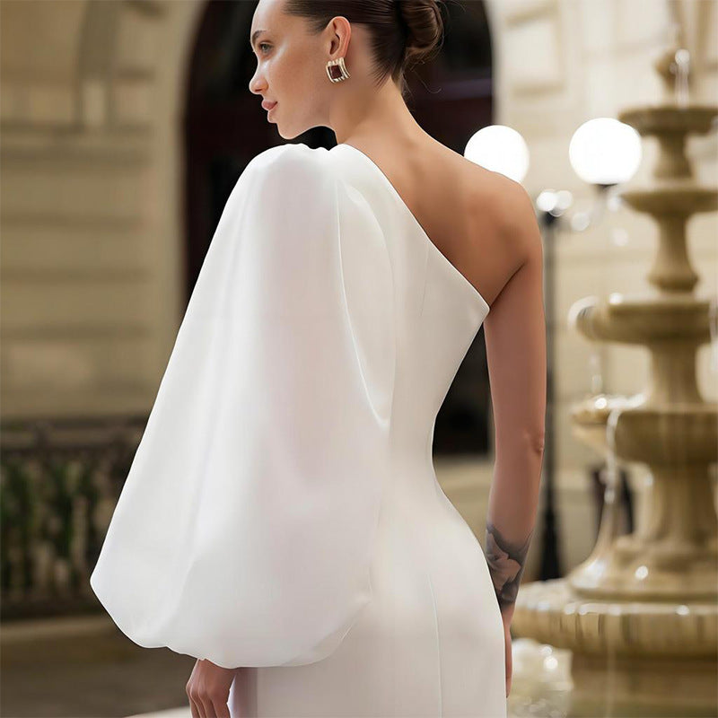 One-Shoulder Evening Gown with Puff Sleeve