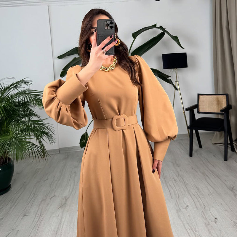 Maxi Dress with Puff Sleeves and Belt