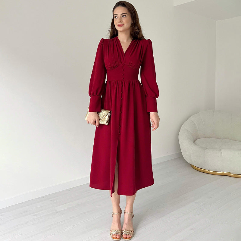 Button-Front Maxi Dress with Puff Sleeves
