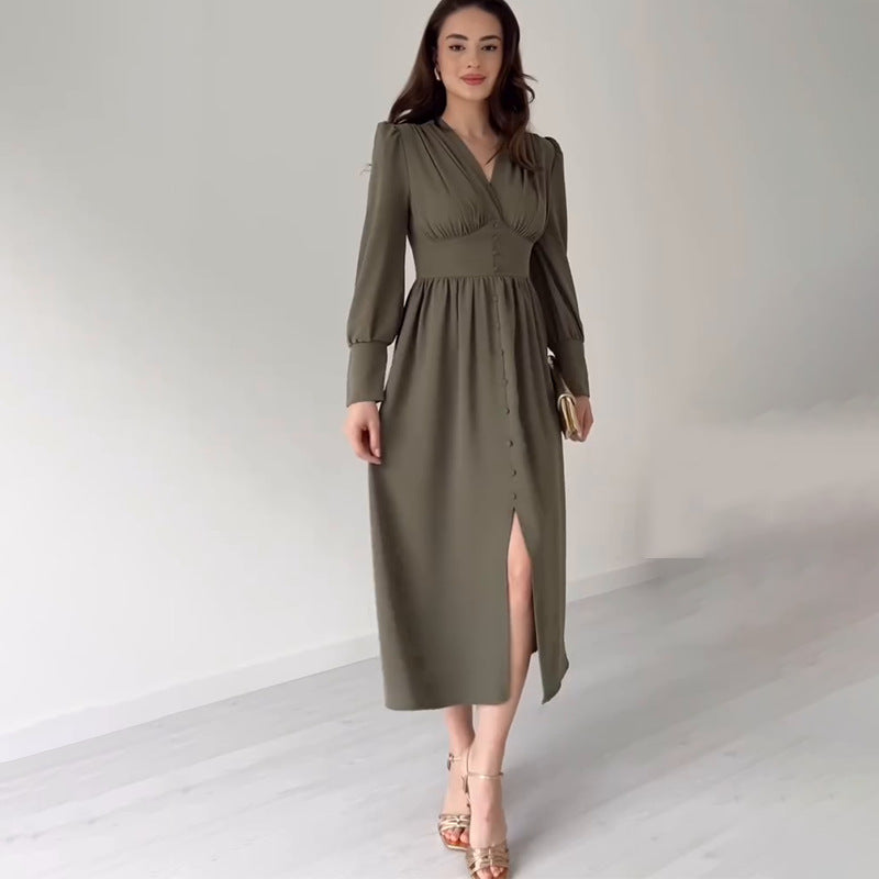 Button-Front Maxi Dress with Puff Sleeves