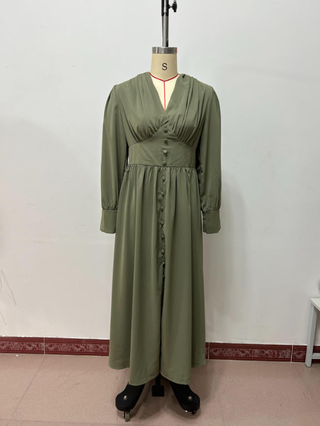 Button-Front Maxi Dress with Puff Sleeves