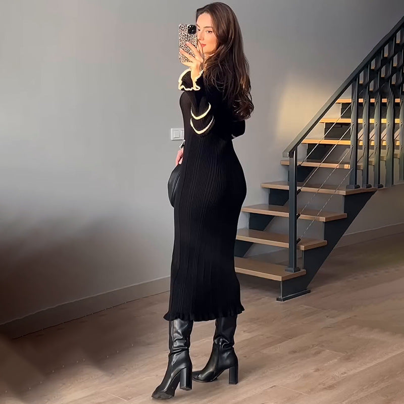 Black Ribbed Knit Dress with Contrasting Trim