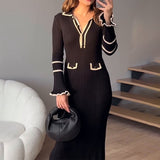 Black Ribbed Knit Dress with Contrasting Trim