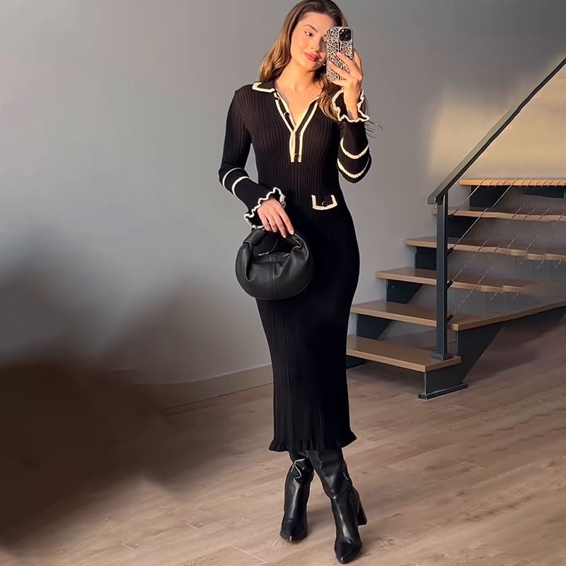 Black Ribbed Knit Dress with Contrasting Trim