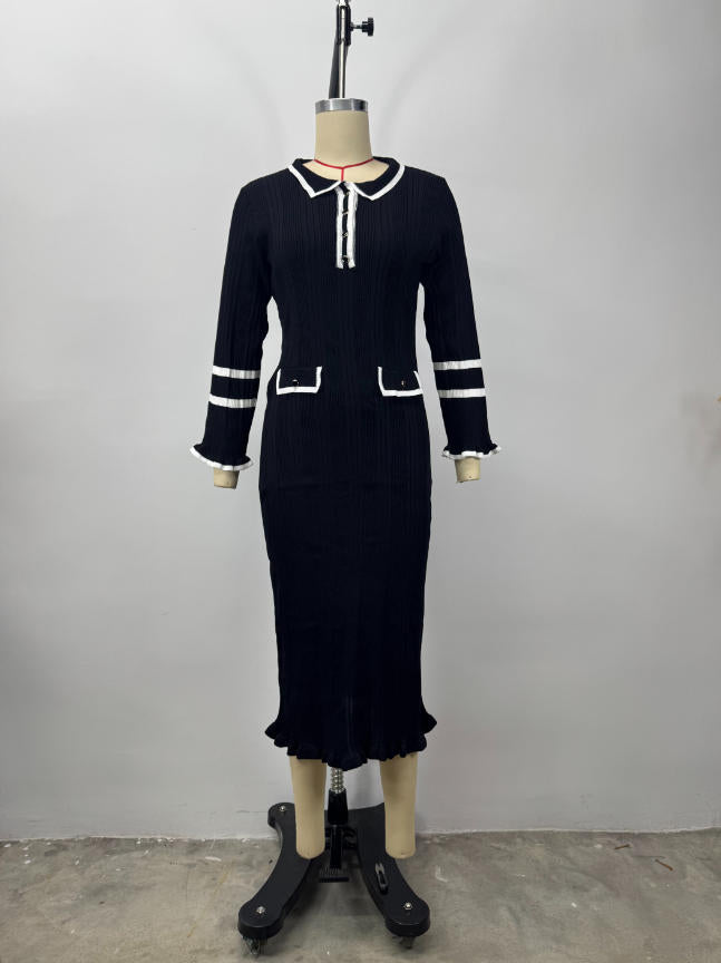 Black Ribbed Knit Dress with Contrasting Trim