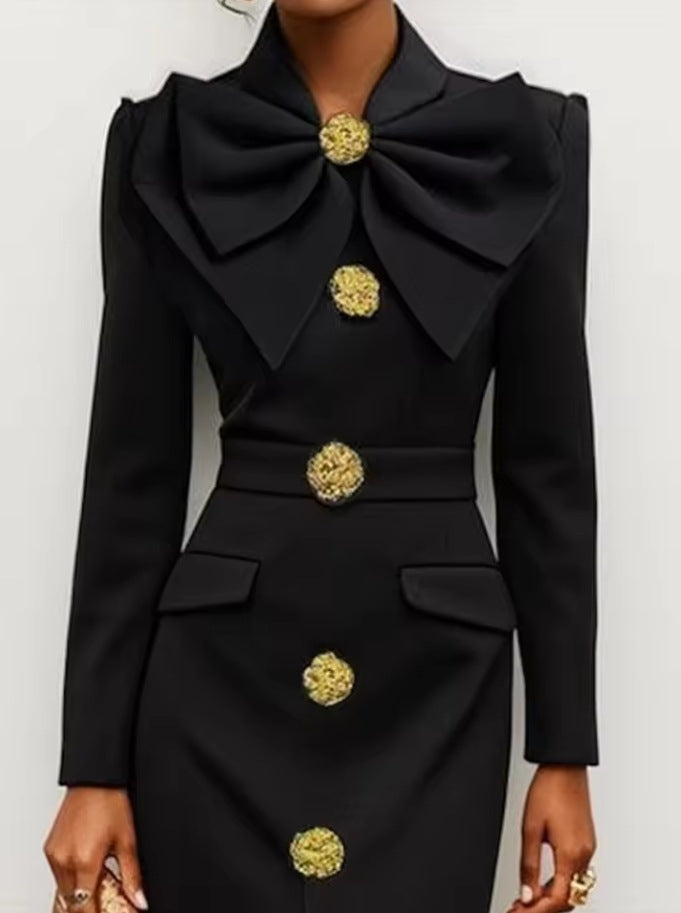 Dress with Embellished Buttons & Bow Collar