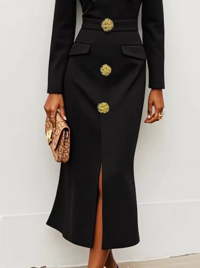 Dress with Embellished Buttons & Bow Collar