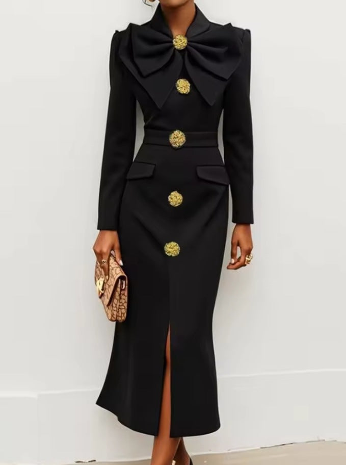 Dress with Embellished Buttons & Bow Collar