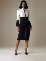 Color Block Midi Dress with Zipper Detail
