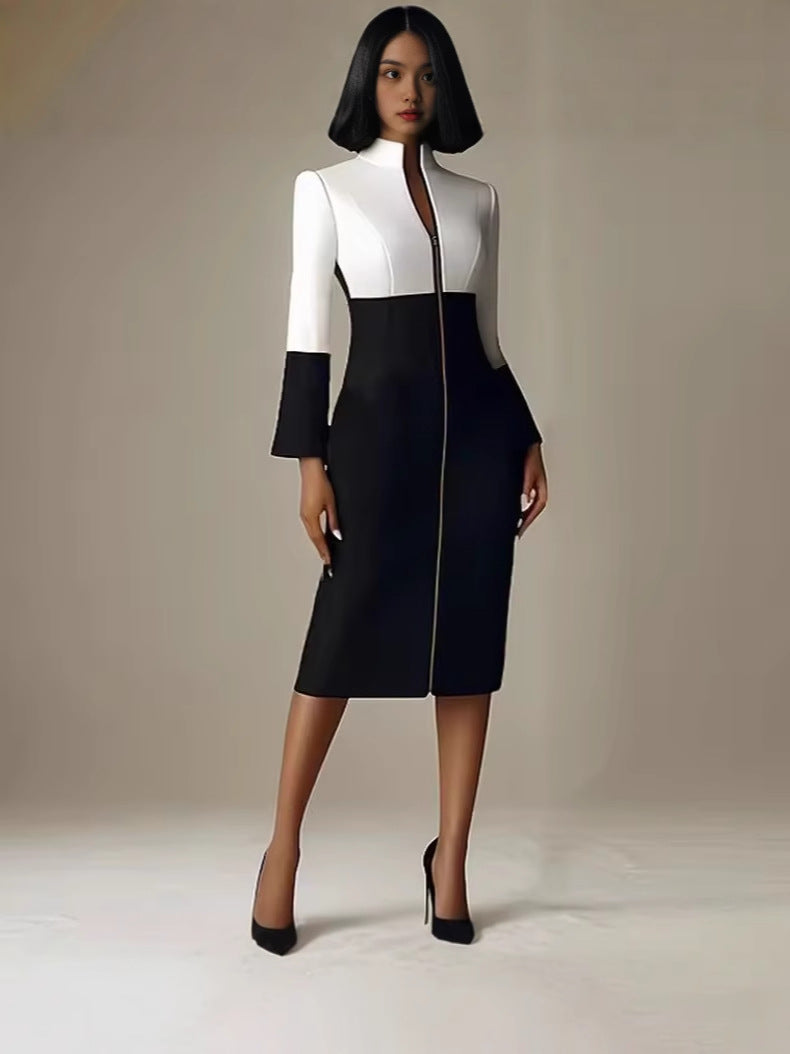 Color Block Midi Dress with Zipper Detail