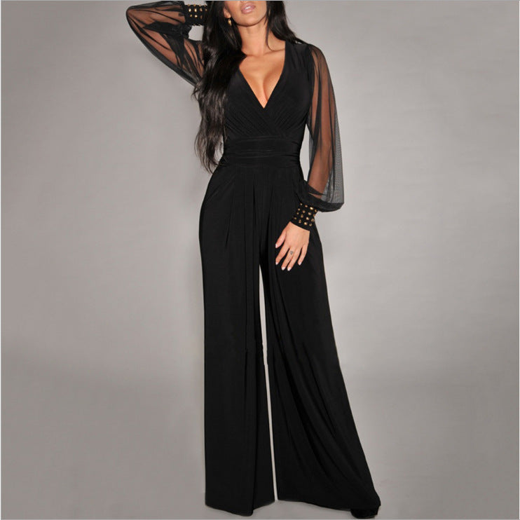 Wide-Leg Jumpsuit with Sheer Long Sleeves
