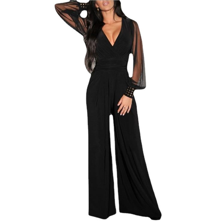 Wide-Leg Jumpsuit with Sheer Long Sleeves
