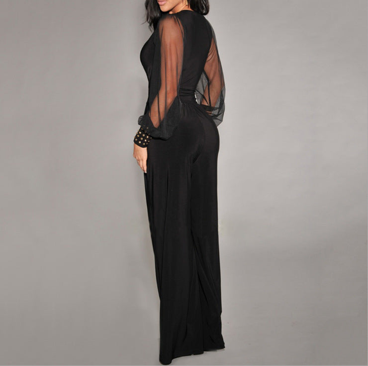 Wide-Leg Jumpsuit with Sheer Long Sleeves