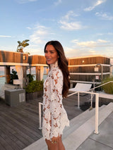 White Floral Lace High-Neck Mini Dress