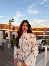 White Floral Lace High-Neck Mini Dress