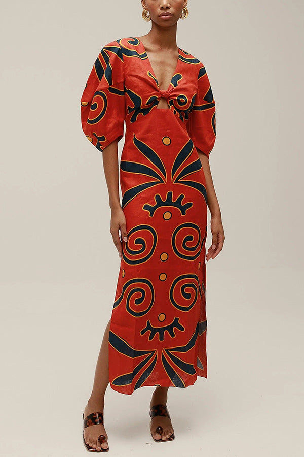 Printed Puff Sleeve Maxi Dress