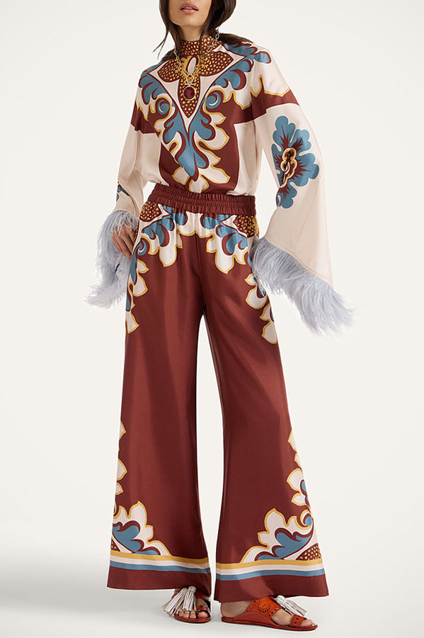 Printed Wide-Leg Co-Ord Set with Feather Cuff Top