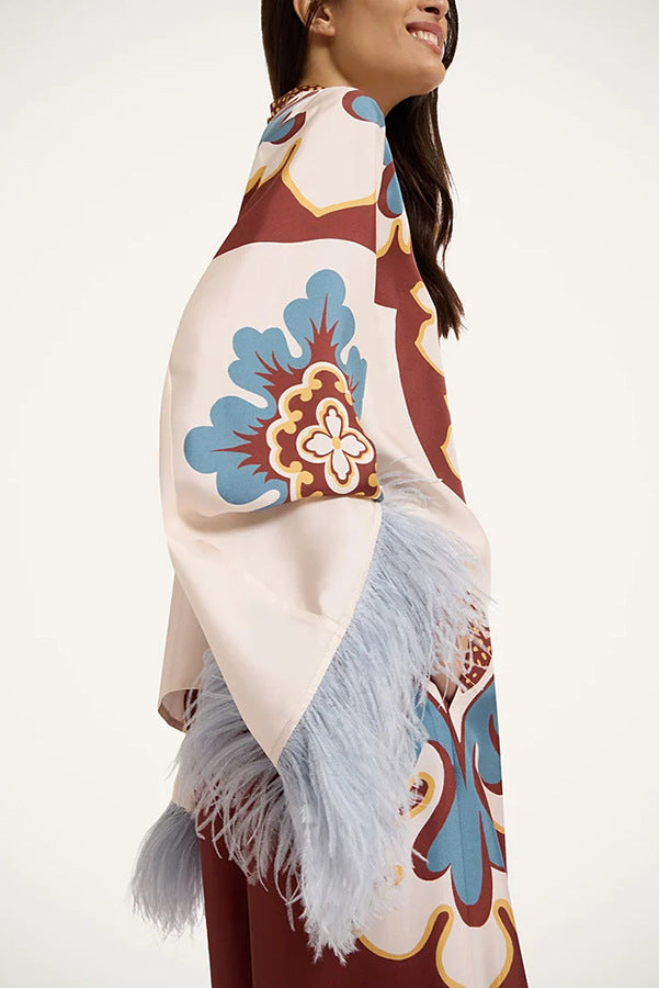 Printed Wide-Leg Co-Ord Set with Feather Cuff Top