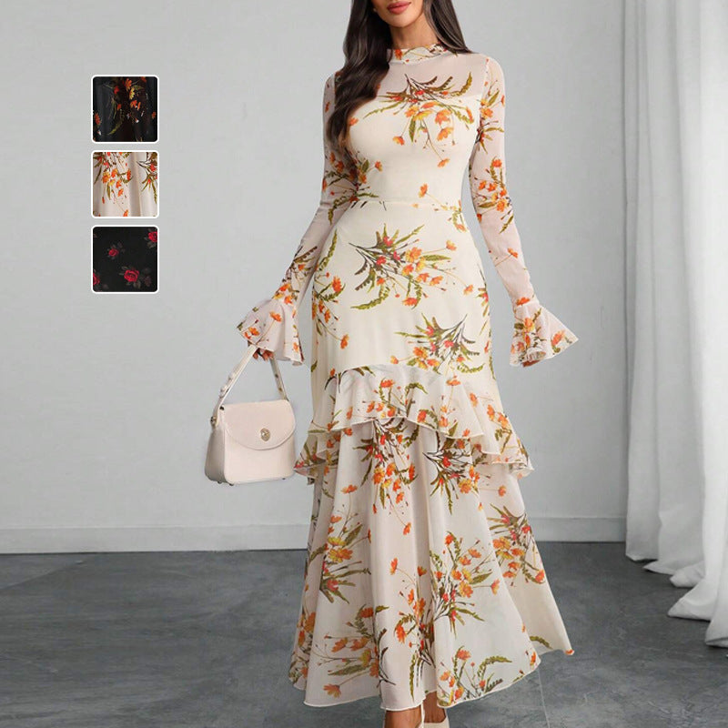Floral Print Maxi Dress with Ruffle Details