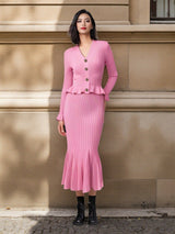 Buttoned Top & Flared Skirt Set