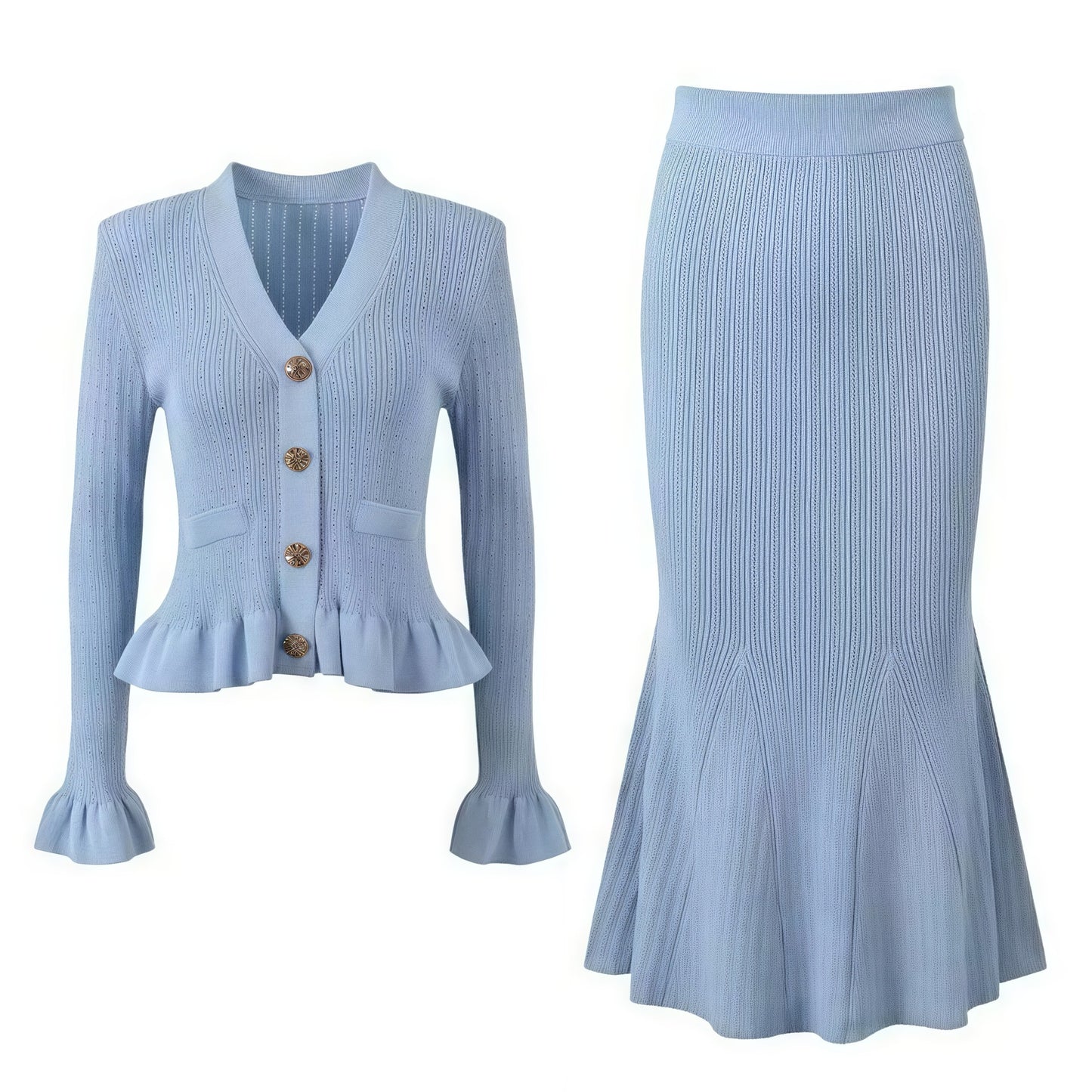 Buttoned Top & Flared Skirt Set