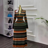 Striped Knit Maxi Dress with Long Sleeves