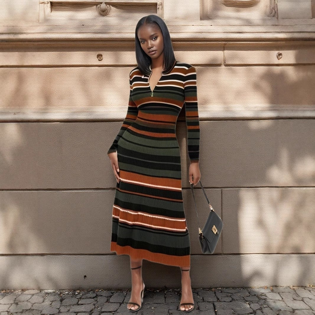 Striped Knit Maxi Dress with Long Sleeves