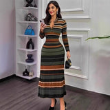 Striped Knit Maxi Dress with Long Sleeves