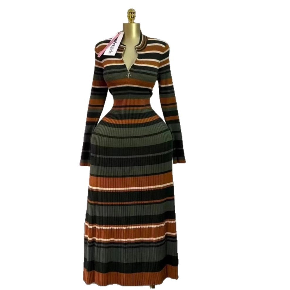 Striped Knit Maxi Dress with Long Sleeves