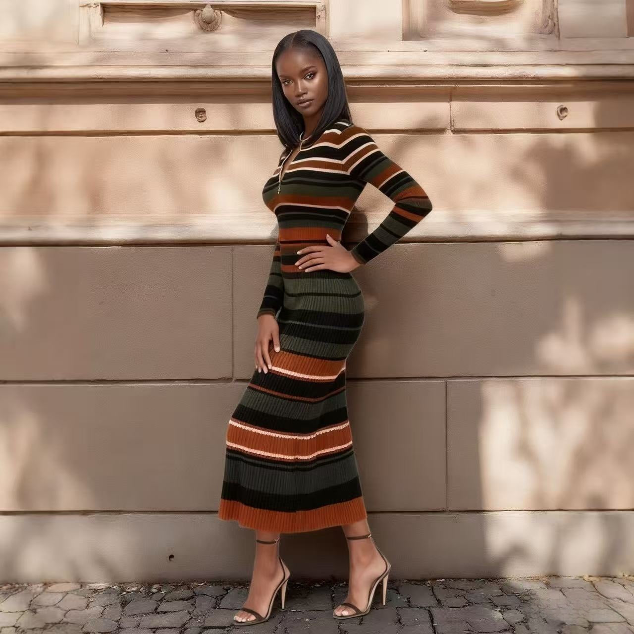 Striped Knit Maxi Dress with Long Sleeves