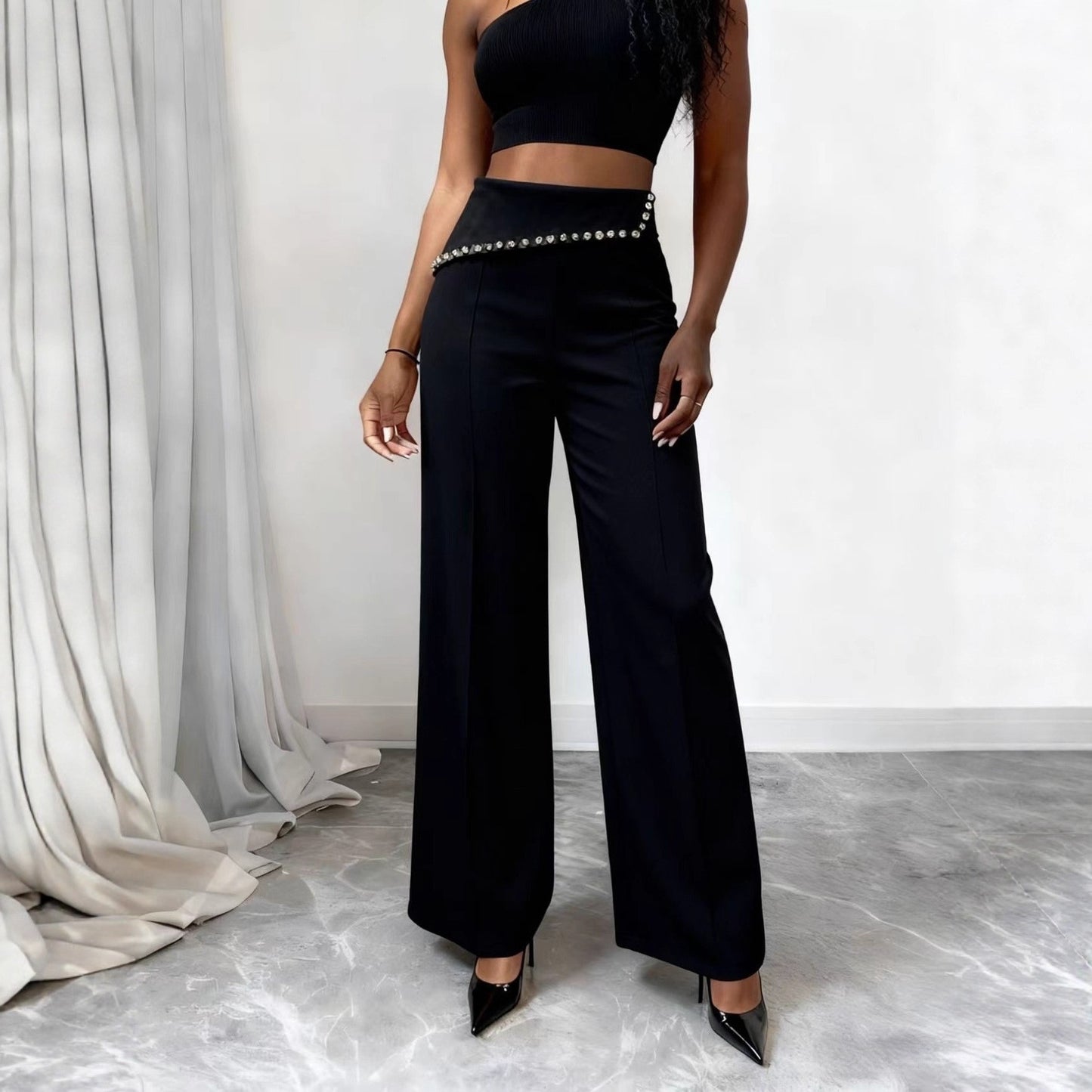Wide-Leg Trousers with Embellished Waist