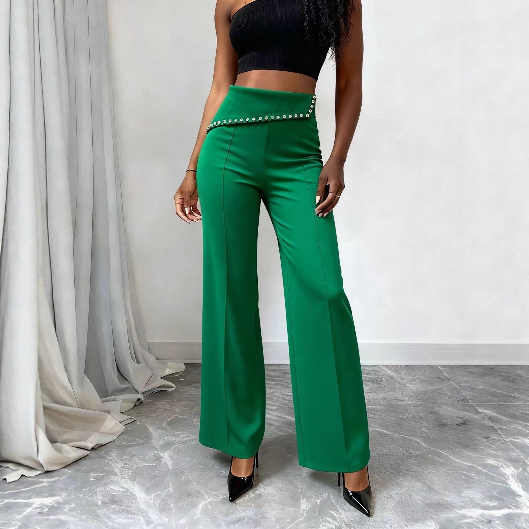 Wide-Leg Trousers with Embellished Waist