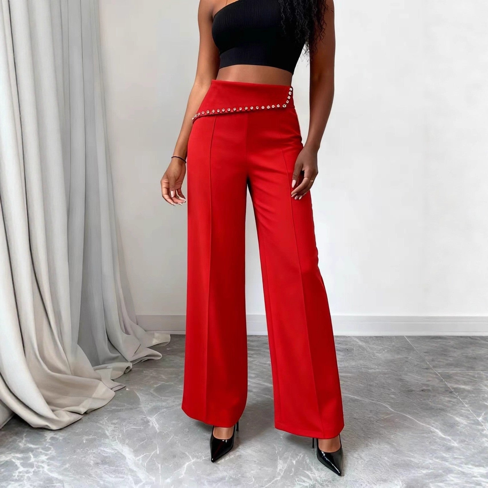 Wide-Leg Trousers with Embellished Waist