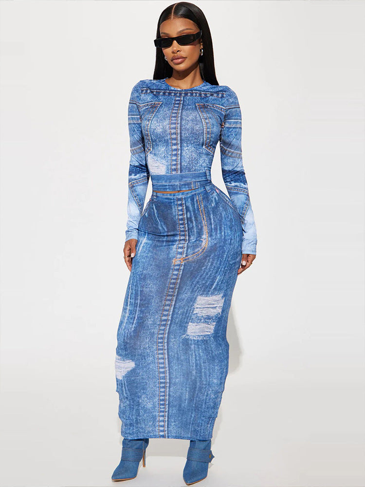 Denim-Inspired Two-Piece Crop Top & Maxi Skir