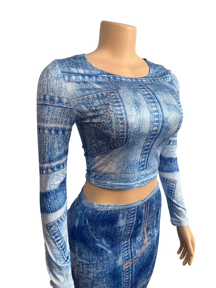 Denim-Inspired Two-Piece Crop Top & Maxi Skir