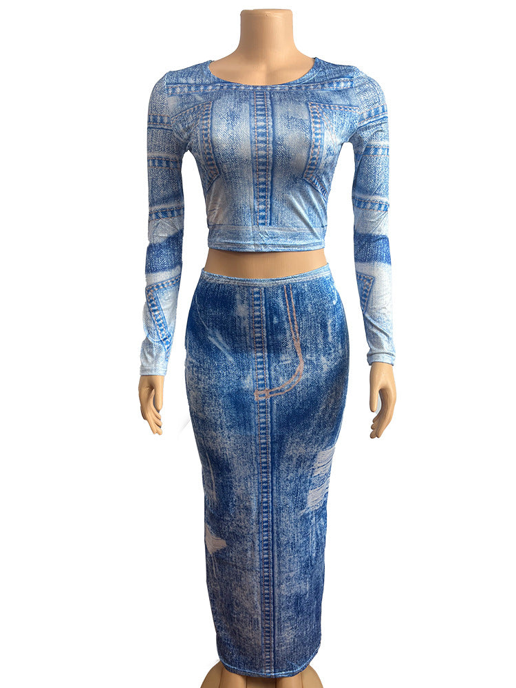 Denim-Inspired Two-Piece Crop Top & Maxi Skir