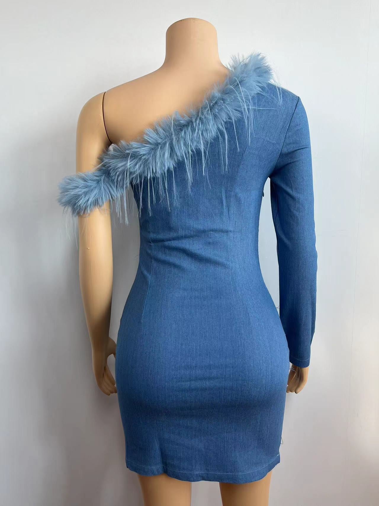 One-Shoulder Feather-Accent Bodycon DresS