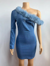 One-Shoulder Feather-Accent Bodycon DresS