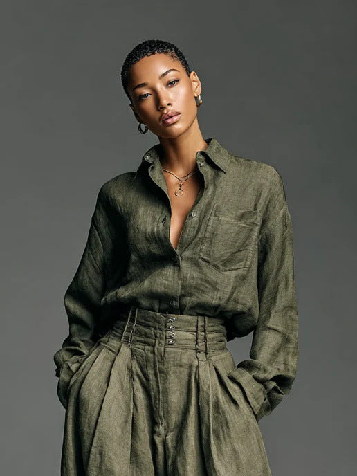 Button-Down Shirt & Wide-Leg Trouser