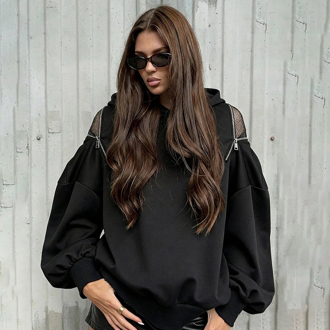 Hoodie with Zipper and Mesh Detailing