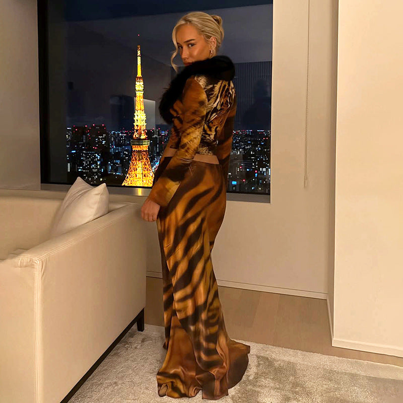 Animal Print Two-Piece Co-Ord Set with Fur Trim