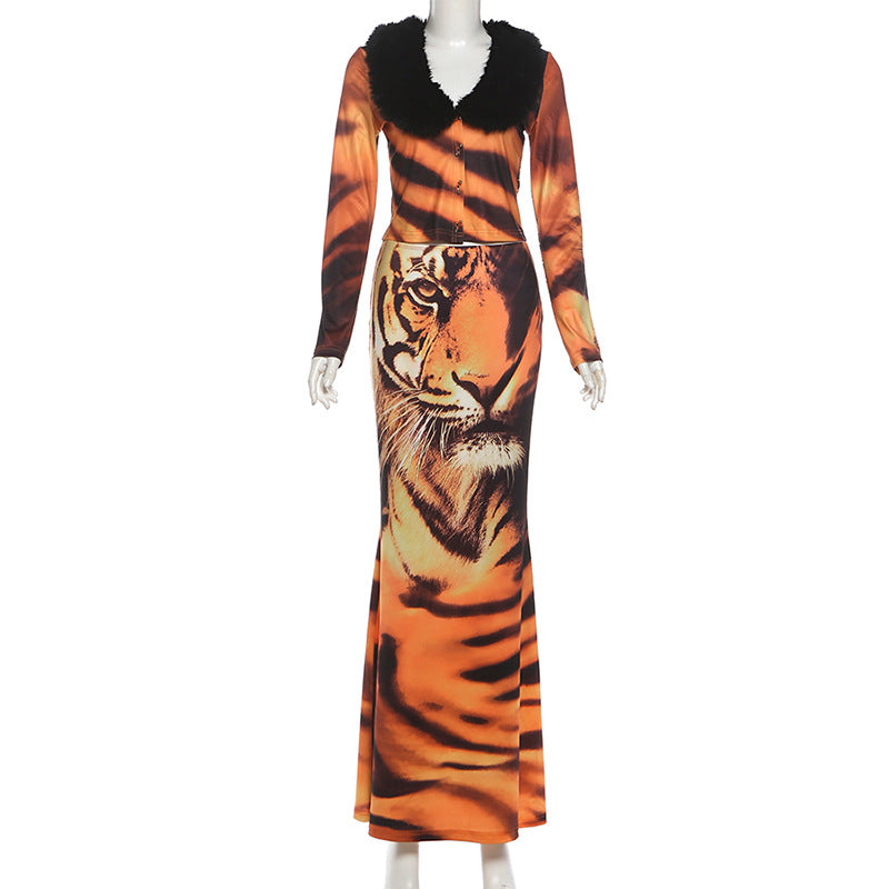 Animal Print Two-Piece Co-Ord Set with Fur Trim