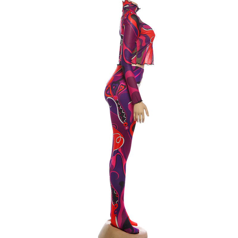 Abstract Print Crop Top & High-Waist Leggings