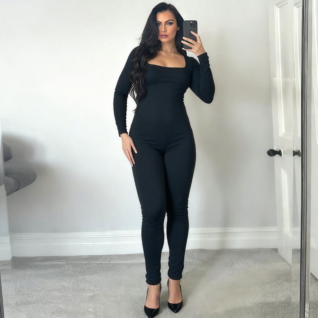 Long Sleeve Square Neck Bodycon Jumpsuit