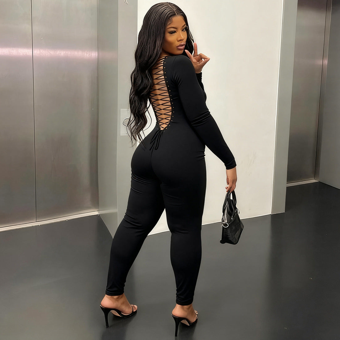 Long Sleeve Square Neck Bodycon Jumpsuit