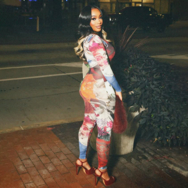 Abstract Print Long Sleeve Bodycon Jumpsuit