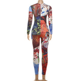 Abstract Print Long Sleeve Bodycon Jumpsuit