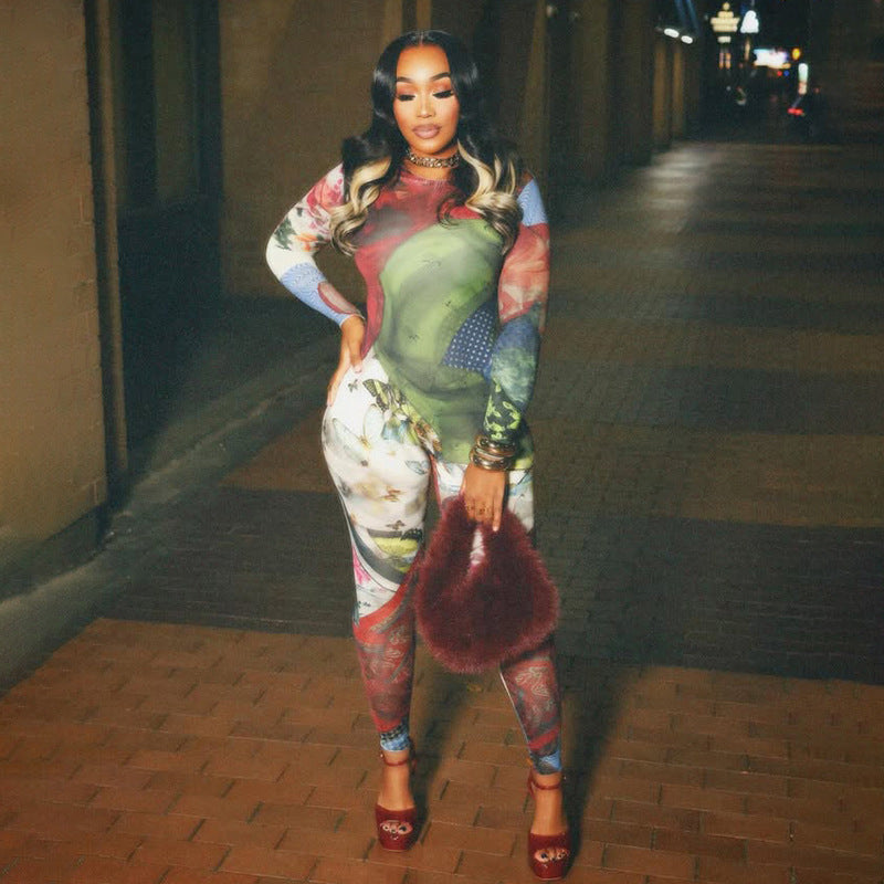 Abstract Print Long Sleeve Bodycon Jumpsuit