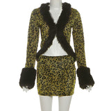 Leopard Print Mini Skirt & Fur Trim Top Set